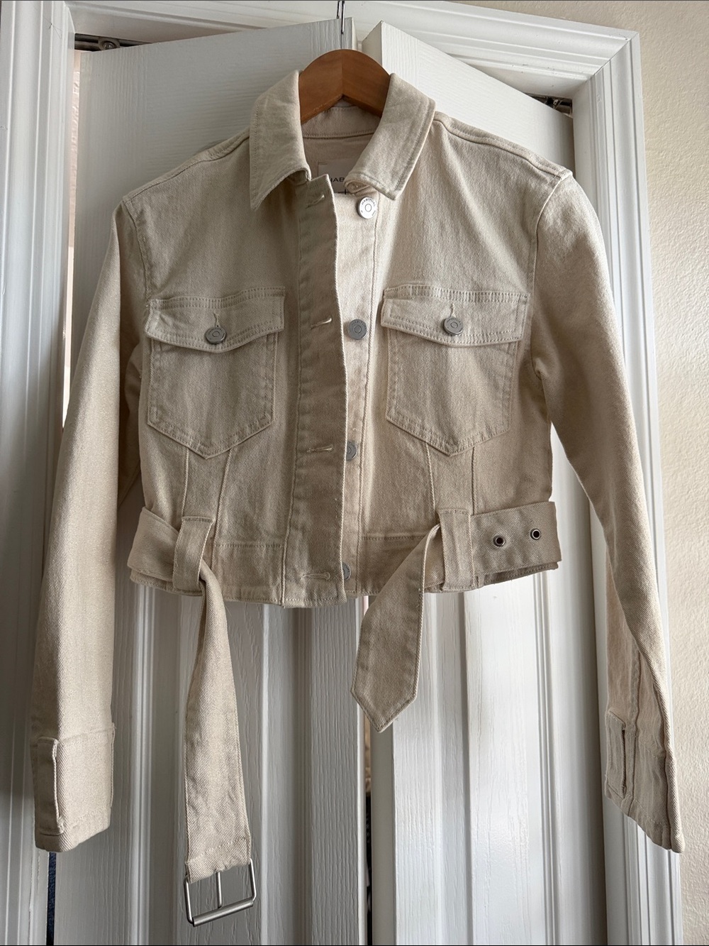 Habitual Cropped Tie-Belt Jean Jacket - Cream